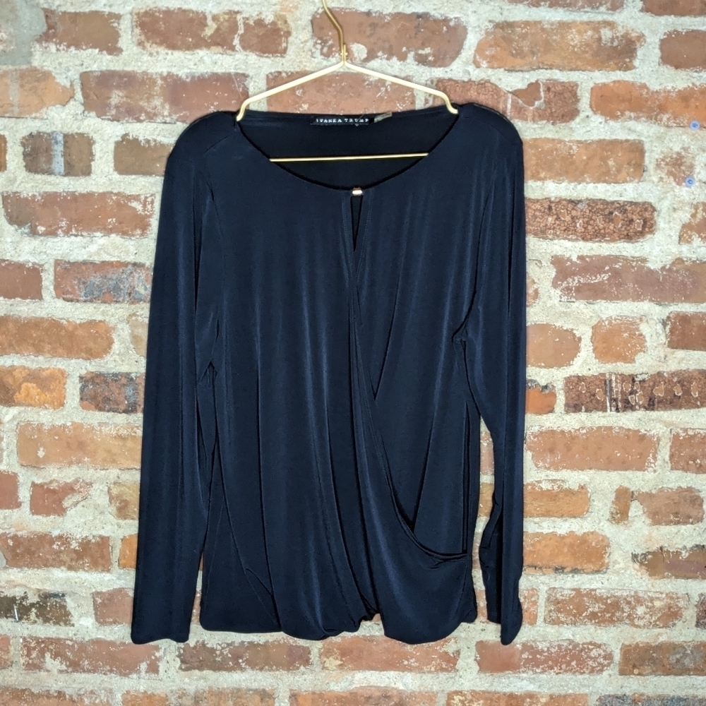 Ivanka Trump Large Deep Blue Long Sleeve Wrap Front Blouse‎ w/ Gold Accent